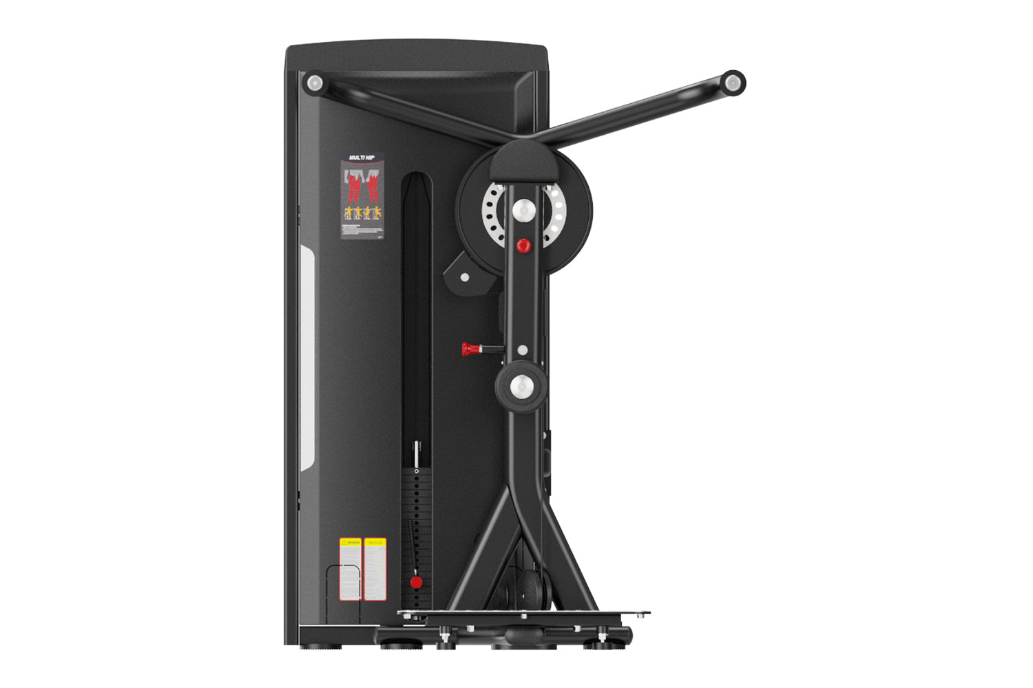 Black commercial multi hip machine with adjustable seat, rotating lever arm, and control panel on white background