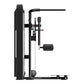 Black multi-hip exercise machine with weighted stack, adjustable seat, and red accent details on white background