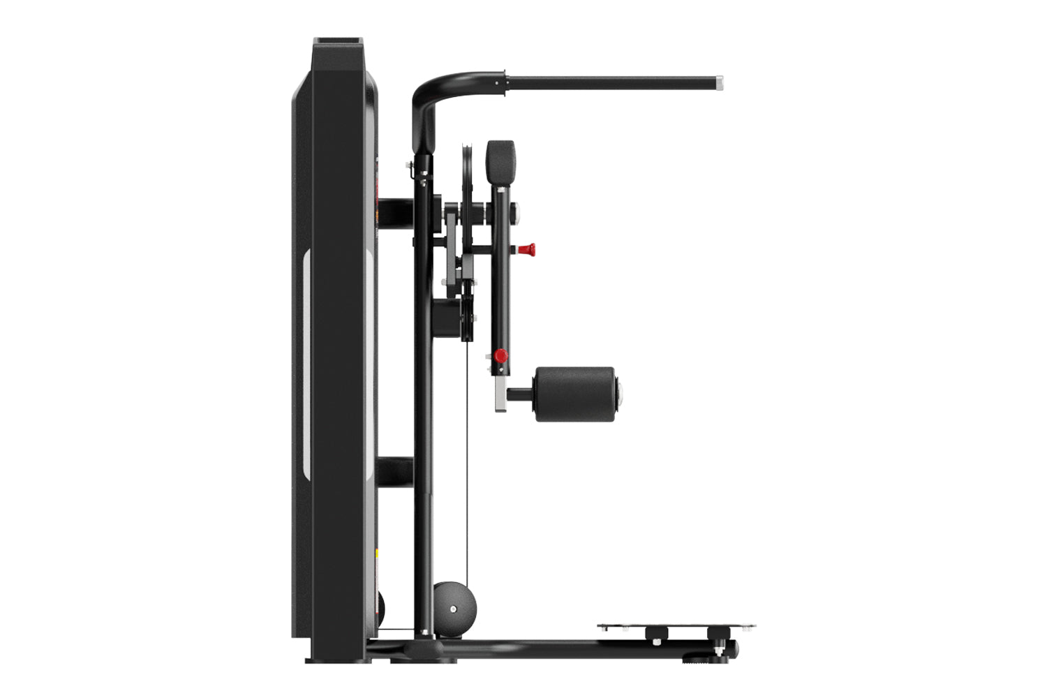 Black multi-hip exercise machine with weighted stack, adjustable seat, and red accent details on white background