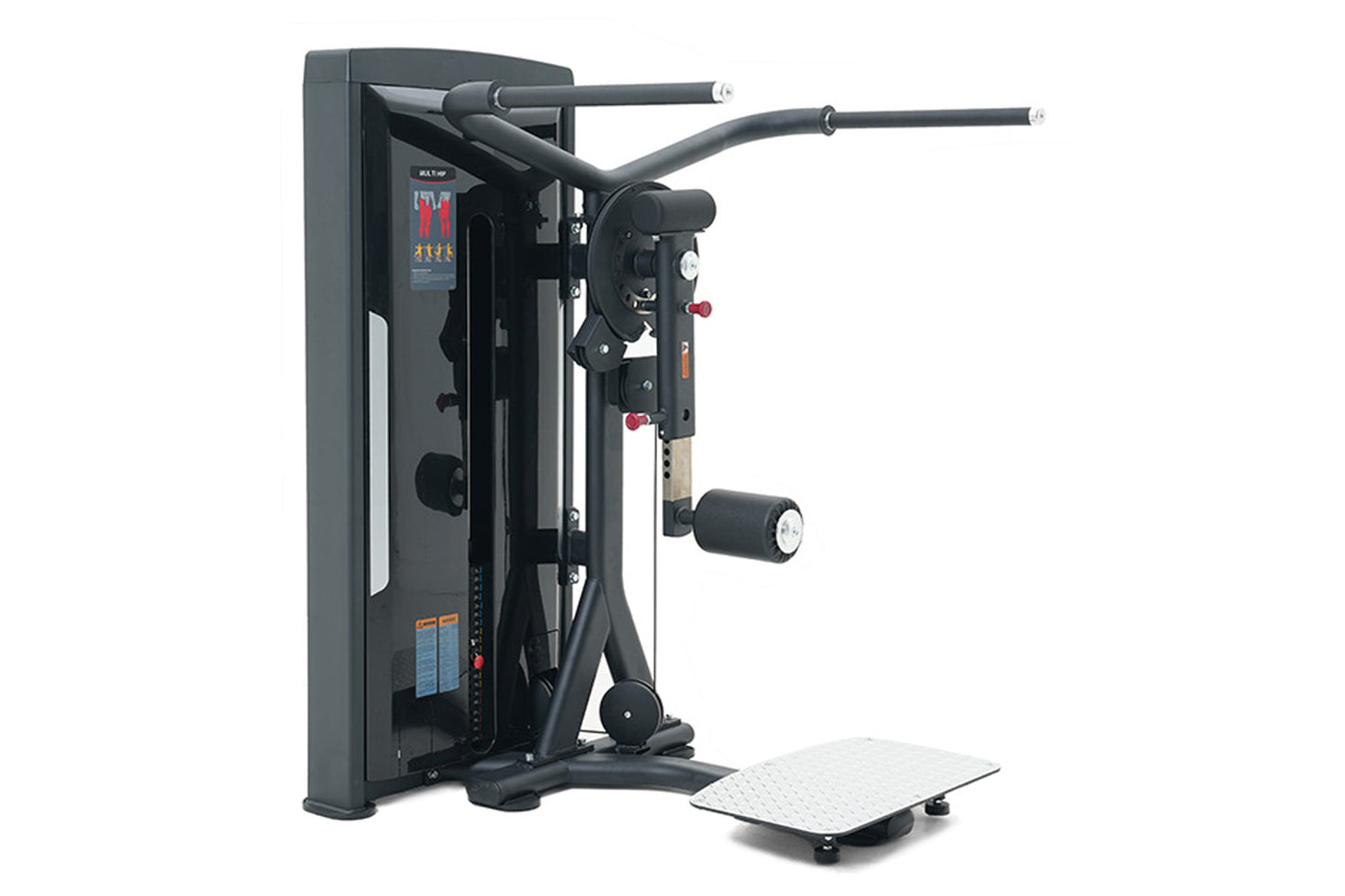 Black commercial multi hip exercise machine with dual handles, leg press footplate, and digital display on white background