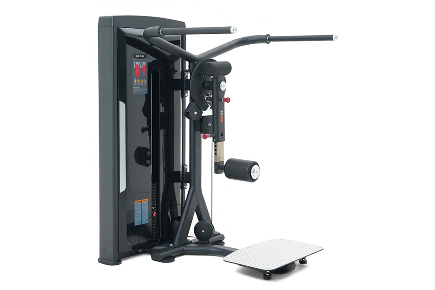 Black commercial multi hip exercise machine with dual handles, leg press footplate, and digital display on white background