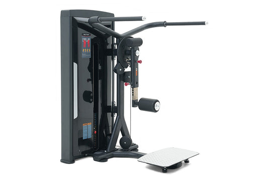 Black commercial multi hip exercise machine with dual handles, leg press footplate, and digital display on white background