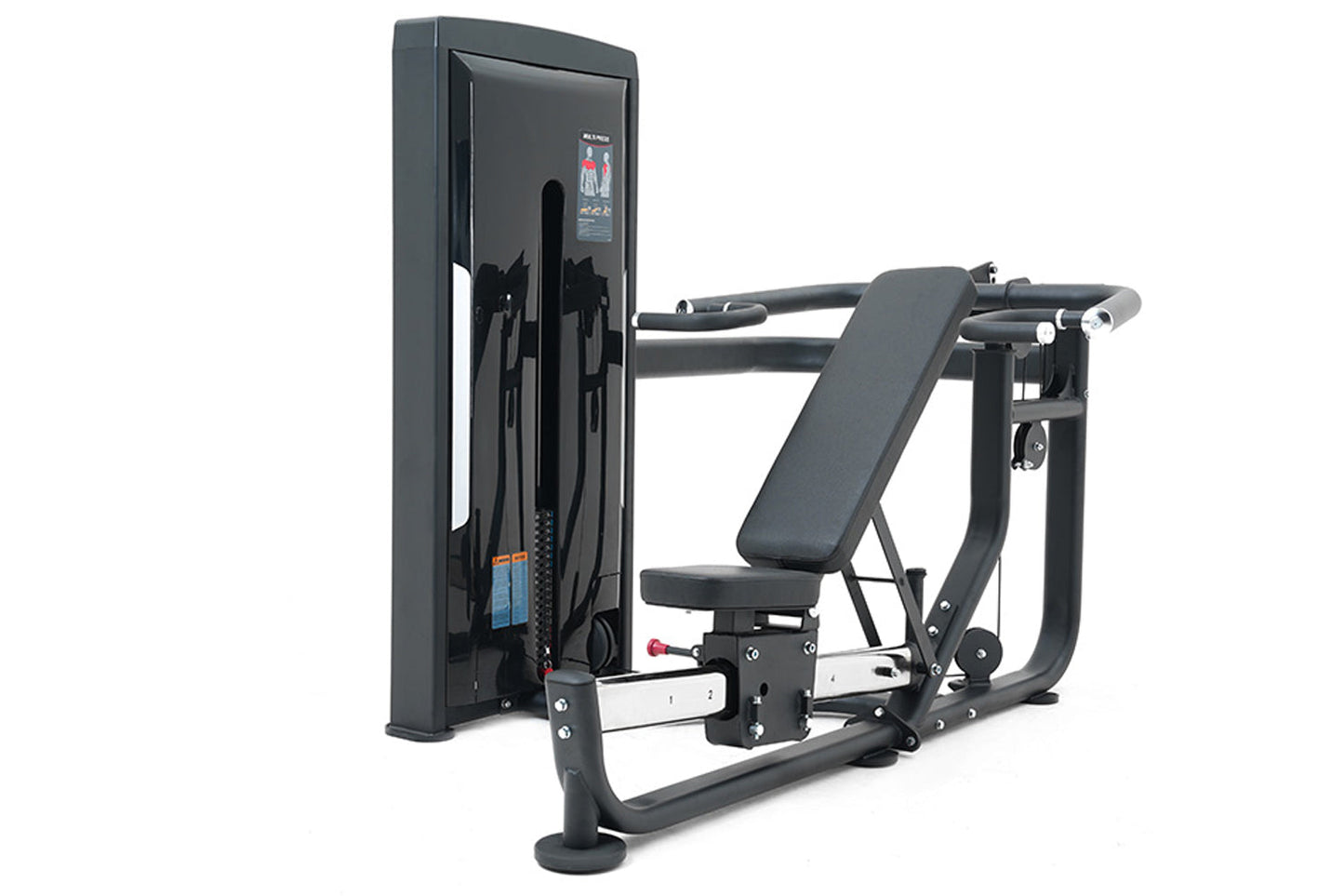 Warrior Pro Commercial Series Multi Press with black frame, padded seat, dual handle bars, and digital display on white backg