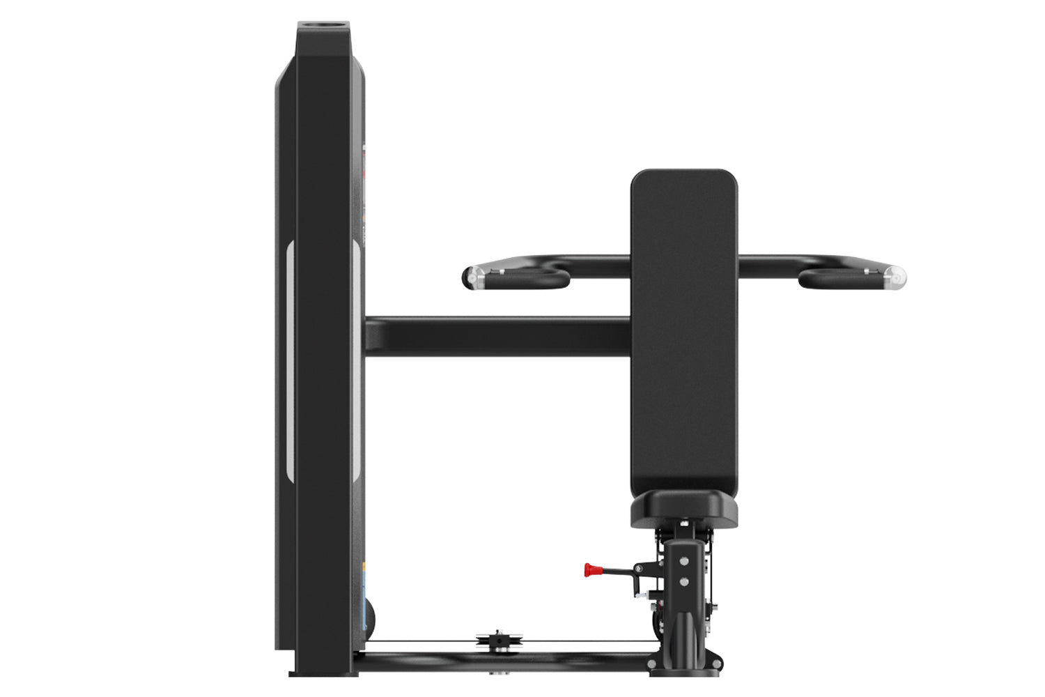 Black commercial multi-press machine with weight stack, padded seat and handles, viewed from the side on white background
