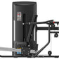 Black commercial multi press machine with instruction panel, adjustable weight stack, and leg press attachment on white backg