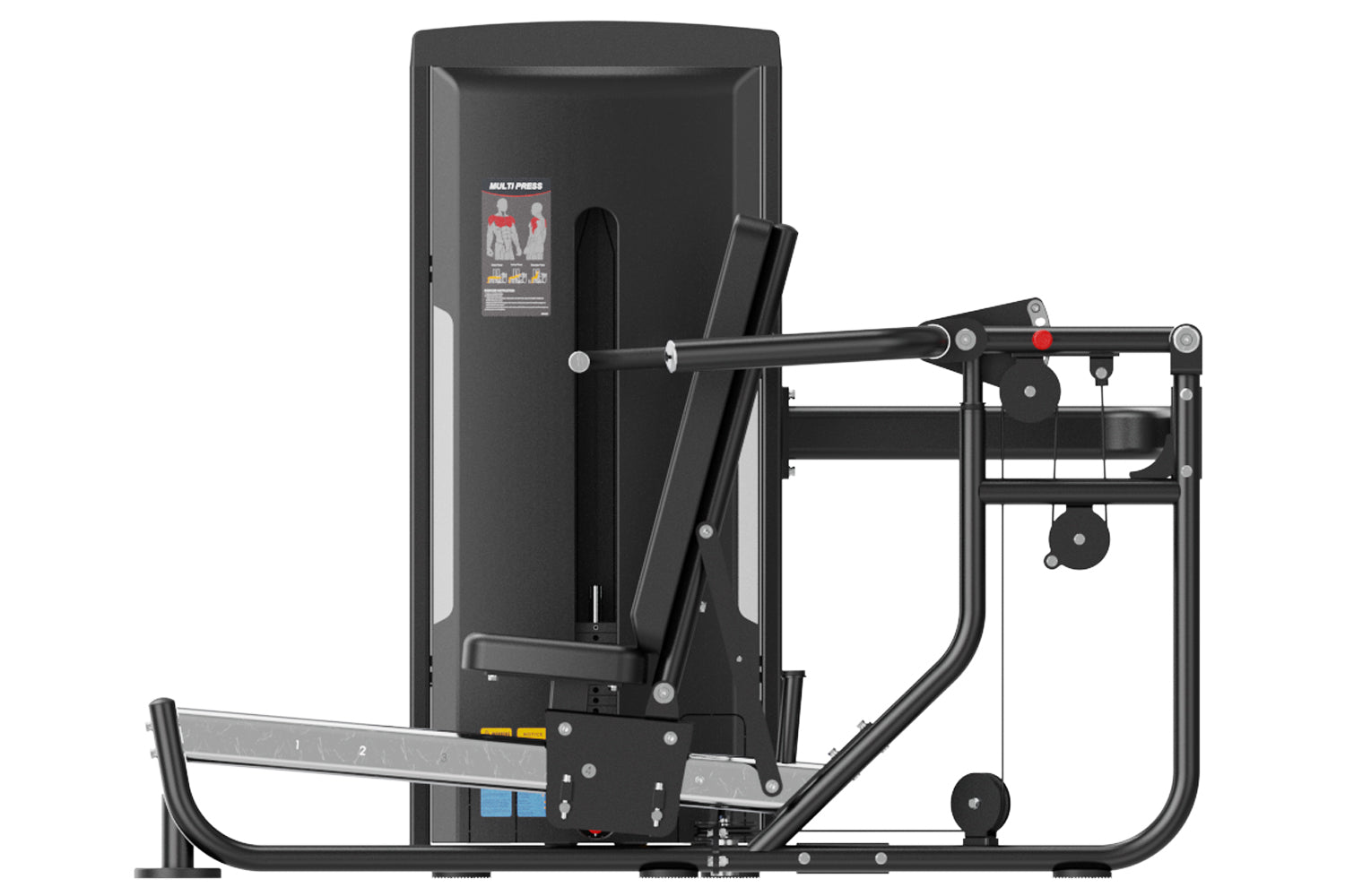 Black commercial multi press machine with instruction panel, adjustable weight stack, and leg press attachment on white backg