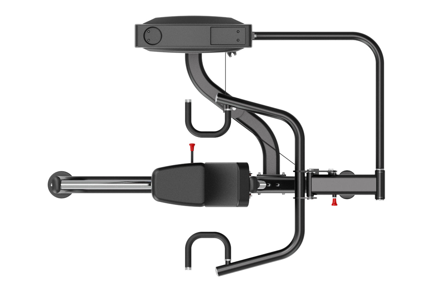 Black 3D printer with heated bed, extruder assembly, and control panel mounted on top, shown in side view on white background