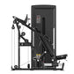 Black commercial multi-press gym equipment with cable system, adjustable seat, and digital display on white background
