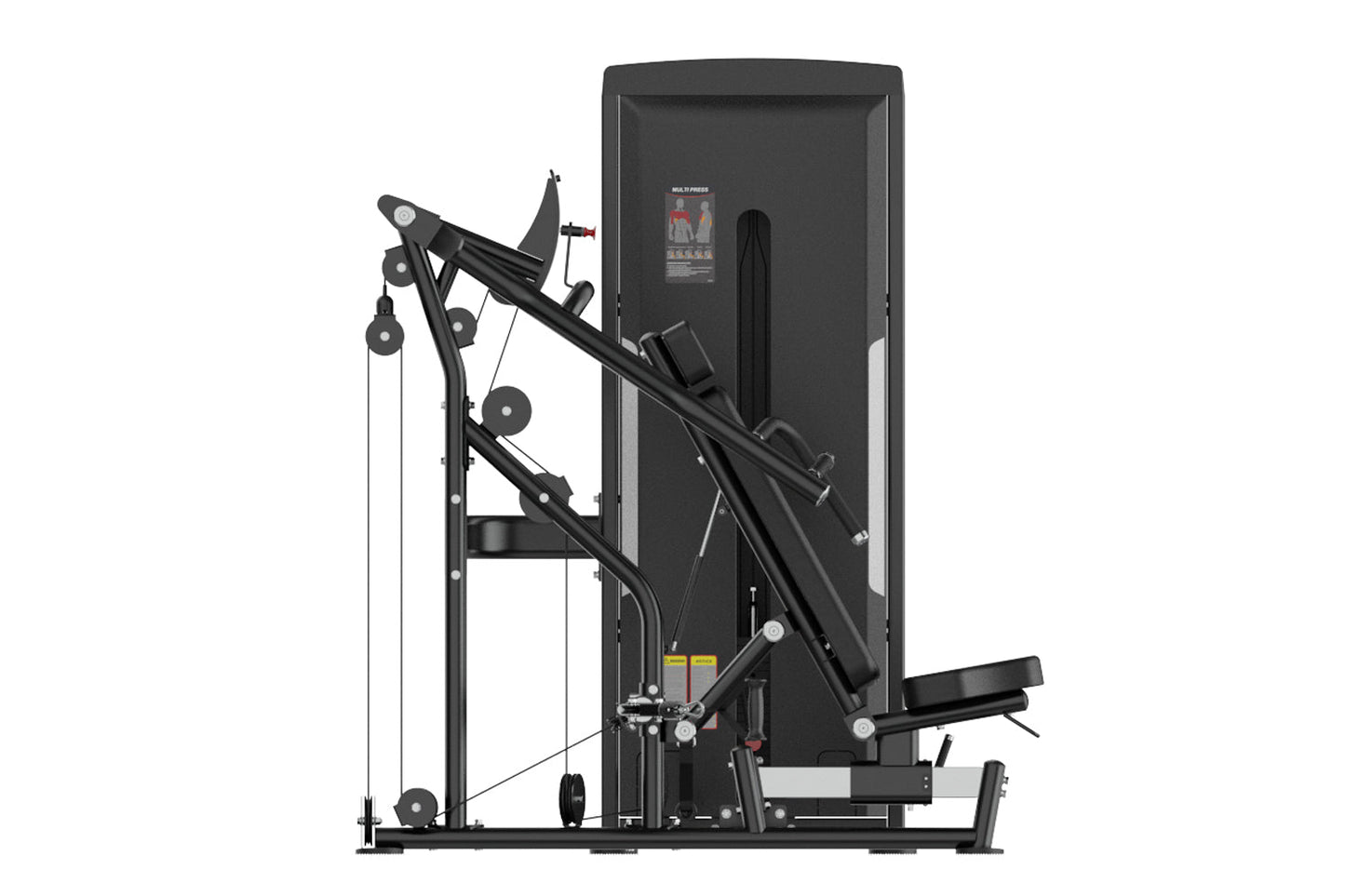 Black commercial multi-press gym equipment with cable system, adjustable seat, and digital display on white background