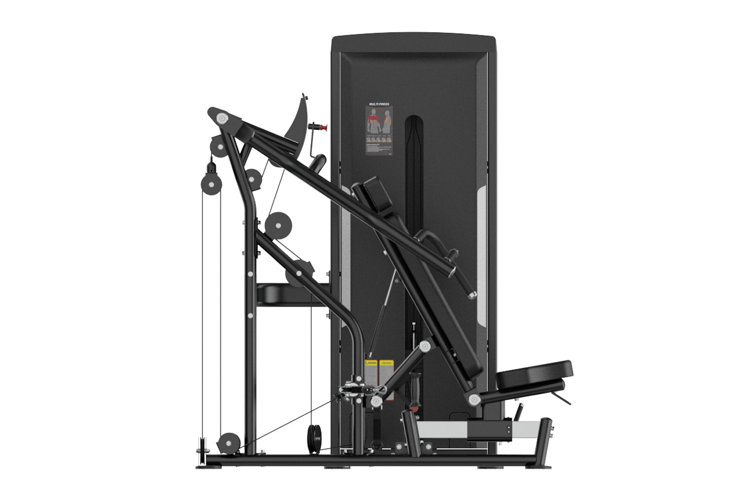 Black commercial multi-press gym equipment with cable system, adjustable seat, and digital display on white background