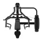 Black multi-exercise weight machine with padded seat, dual handles, and leg press attachment on white background