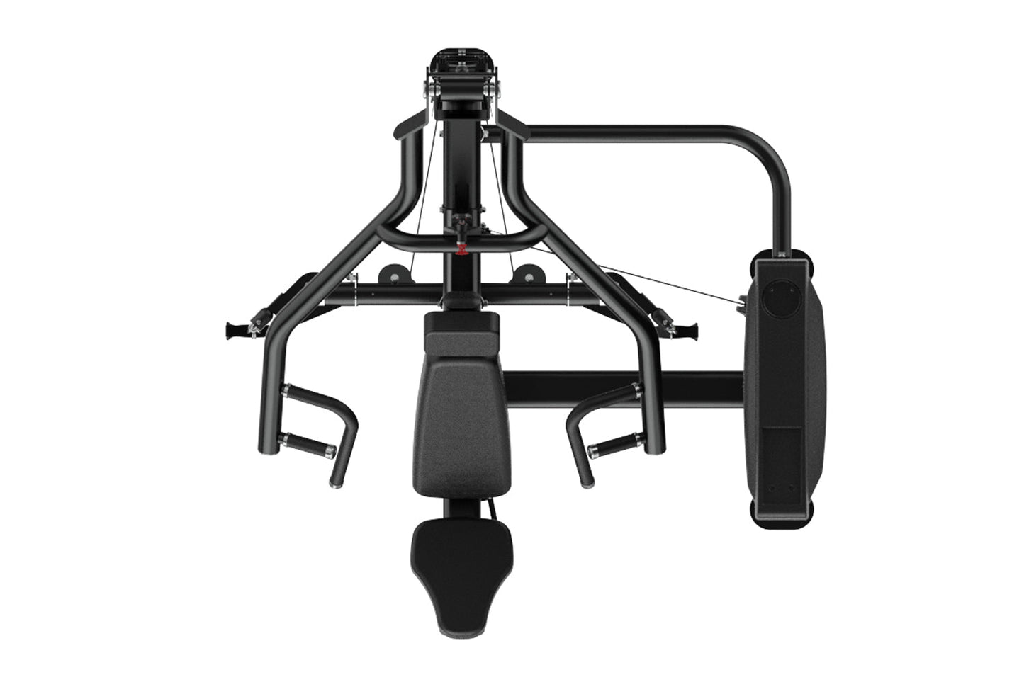 Black multi-exercise weight machine with padded seat, dual handles, and leg press attachment on white background