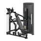 Black commercial chest press machine with padded seat, dual handles, and digital display panel on vertical frame