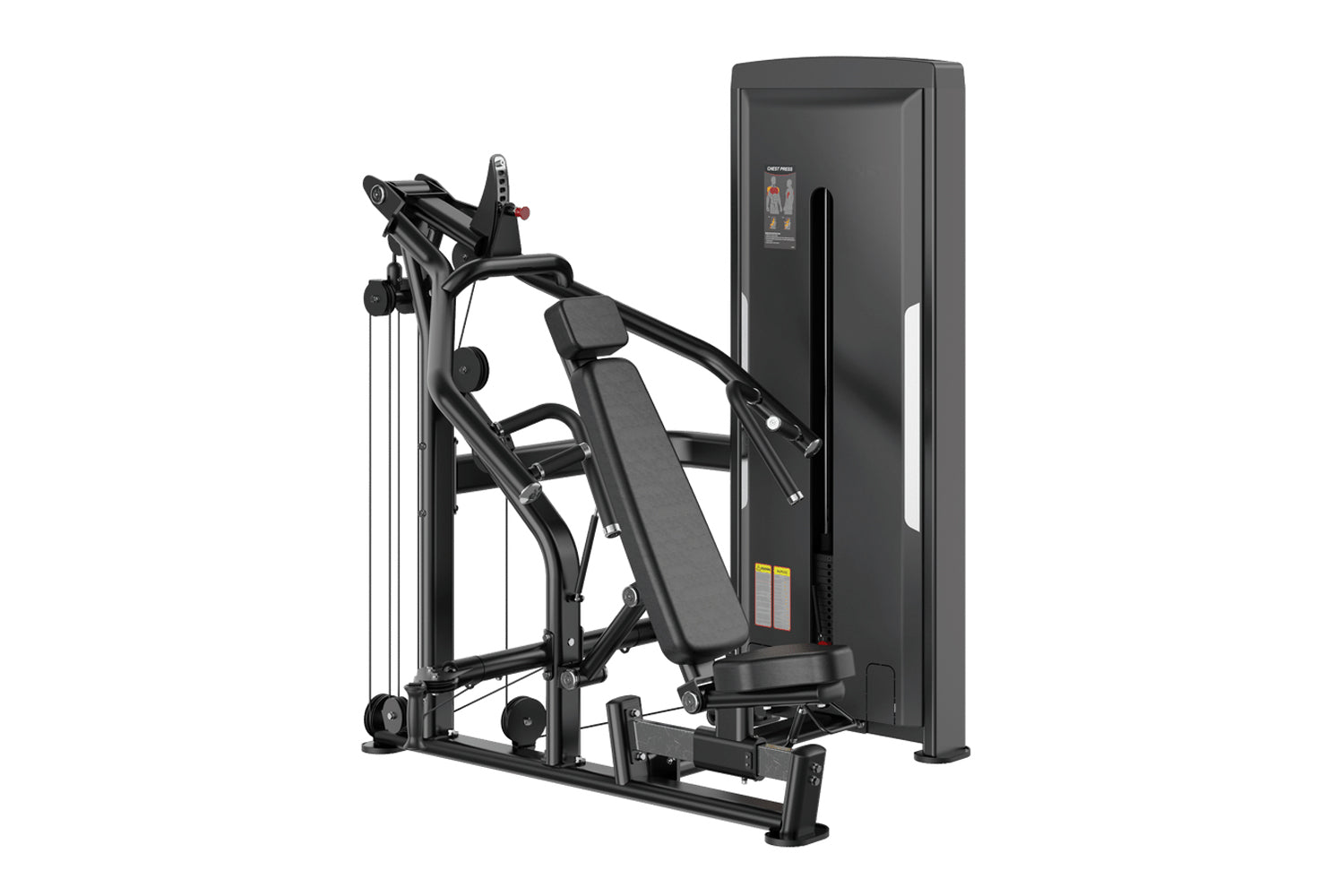Black commercial chest press machine with padded seat, dual handles, and digital display panel on vertical frame