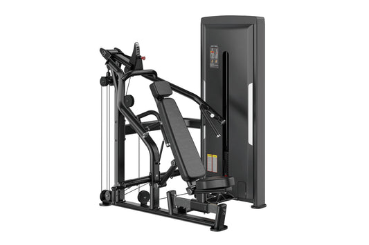 Black commercial chest press machine with padded seat, dual handles, and digital display panel on vertical frame