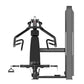 Black stationary exercise bike with curved handlebars, padded seat, and digital console on white background, front view
