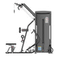 Black and gray multi-functional gym machine with adjustable pulldown and row attachments, footrest, and digital display on wh