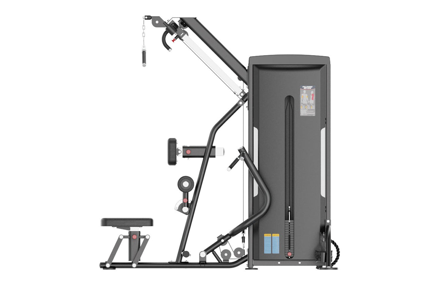 Black and gray multi-functional gym machine with adjustable pulldown and row attachments, footrest, and digital display on wh