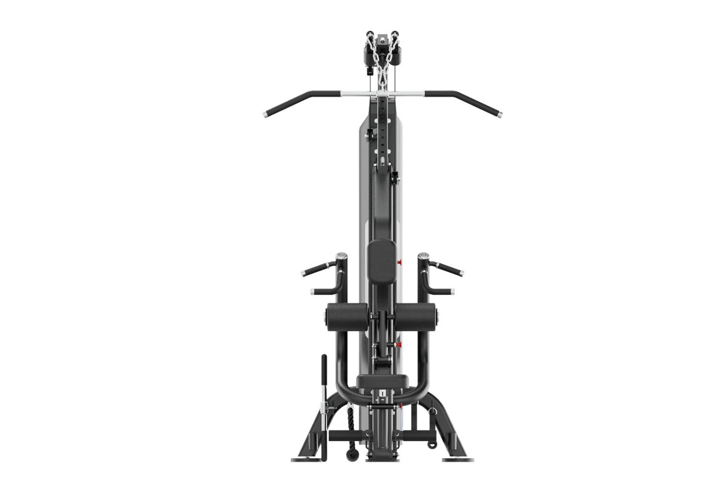 Warrior Pro Commercial Series Multi Pulldown/Row machine with black padded seat, dual handle bars, and cable system on white 
