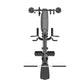 Black commercial multi-functional pulldown and row machine with curved handlebars and weight stack, overhead view on white ba