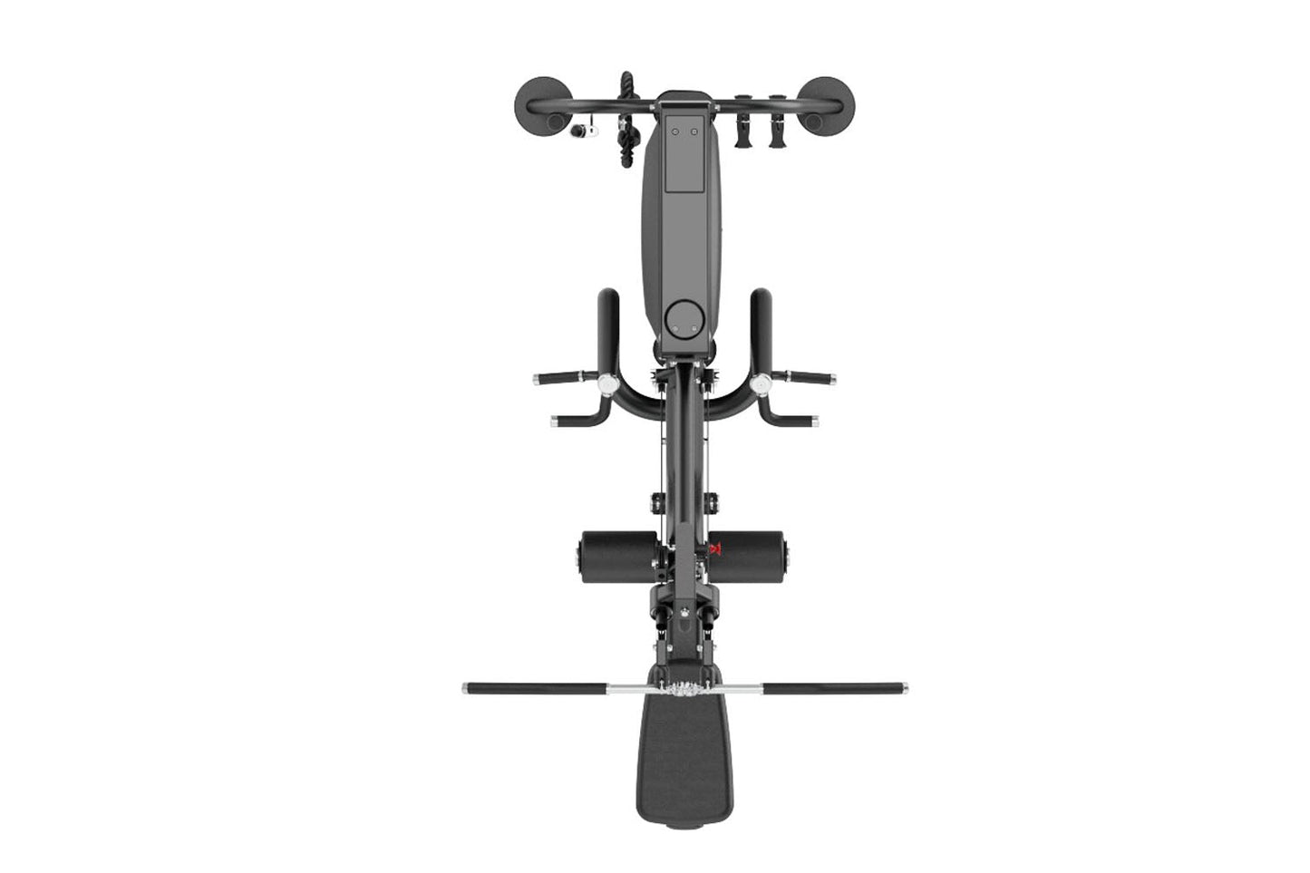 Black commercial multi-functional pulldown and row machine with curved handlebars and weight stack, overhead view on white ba