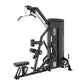 Black multi-functional gym machine with pulldown and row attachments, digital display, and red accent details on white backgr