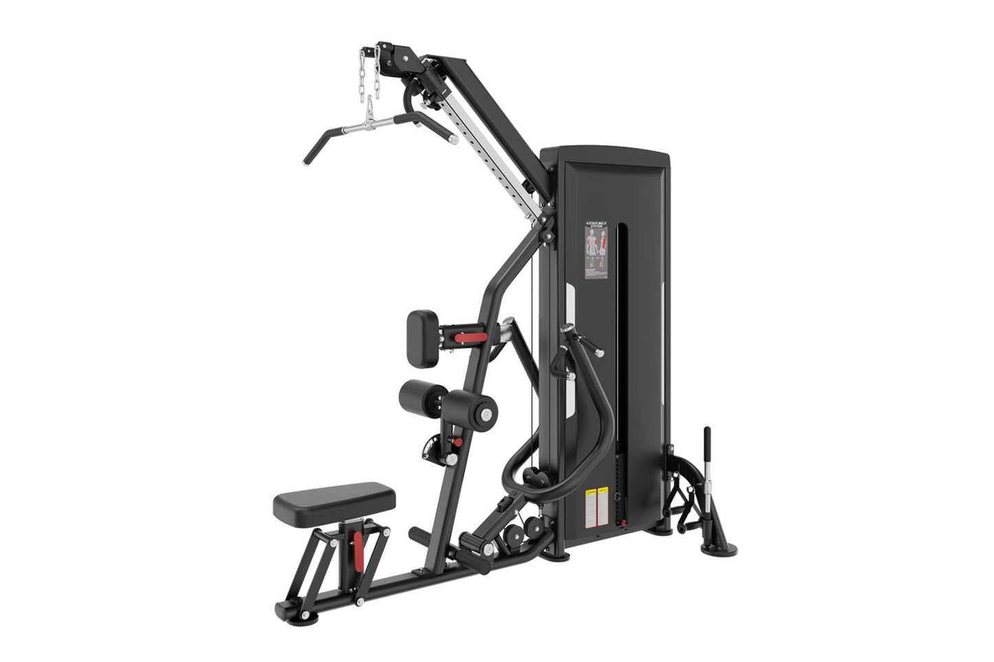 Black multi-functional gym machine with pulldown and row attachments, digital display, and red accent details on white backgr