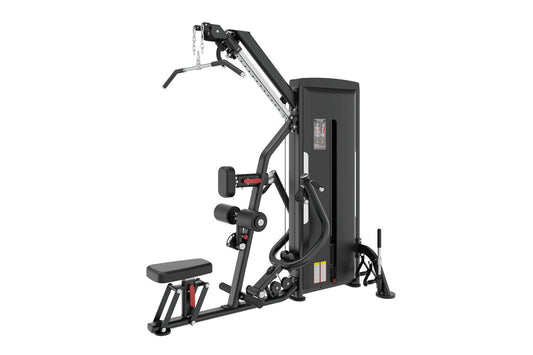 Black multi-functional gym machine with pulldown and row attachments, digital display, and red accent details on white backgr