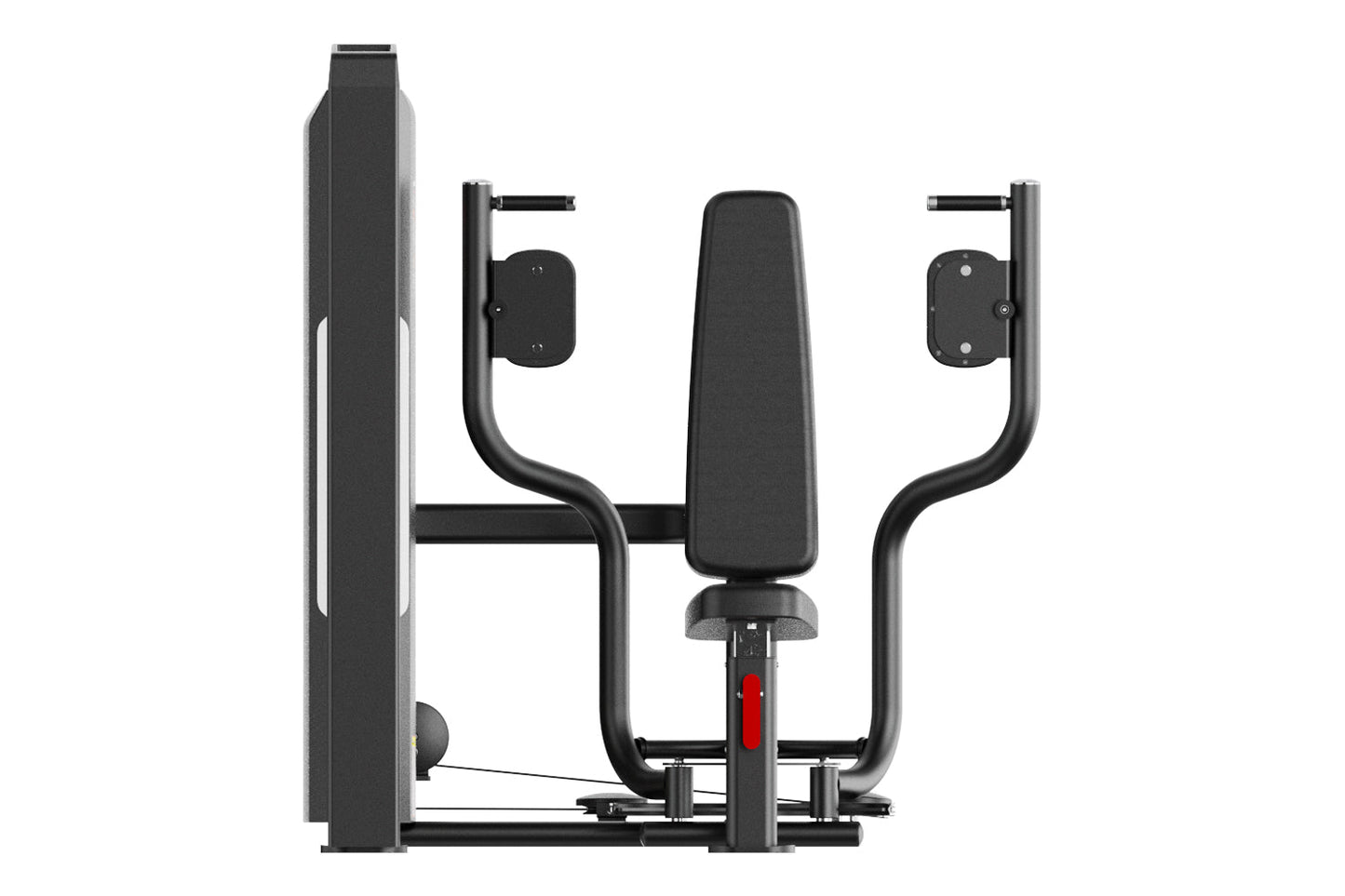 Black commercial pectoral fly machine with padded armrests, curved handles, and red accents on white background