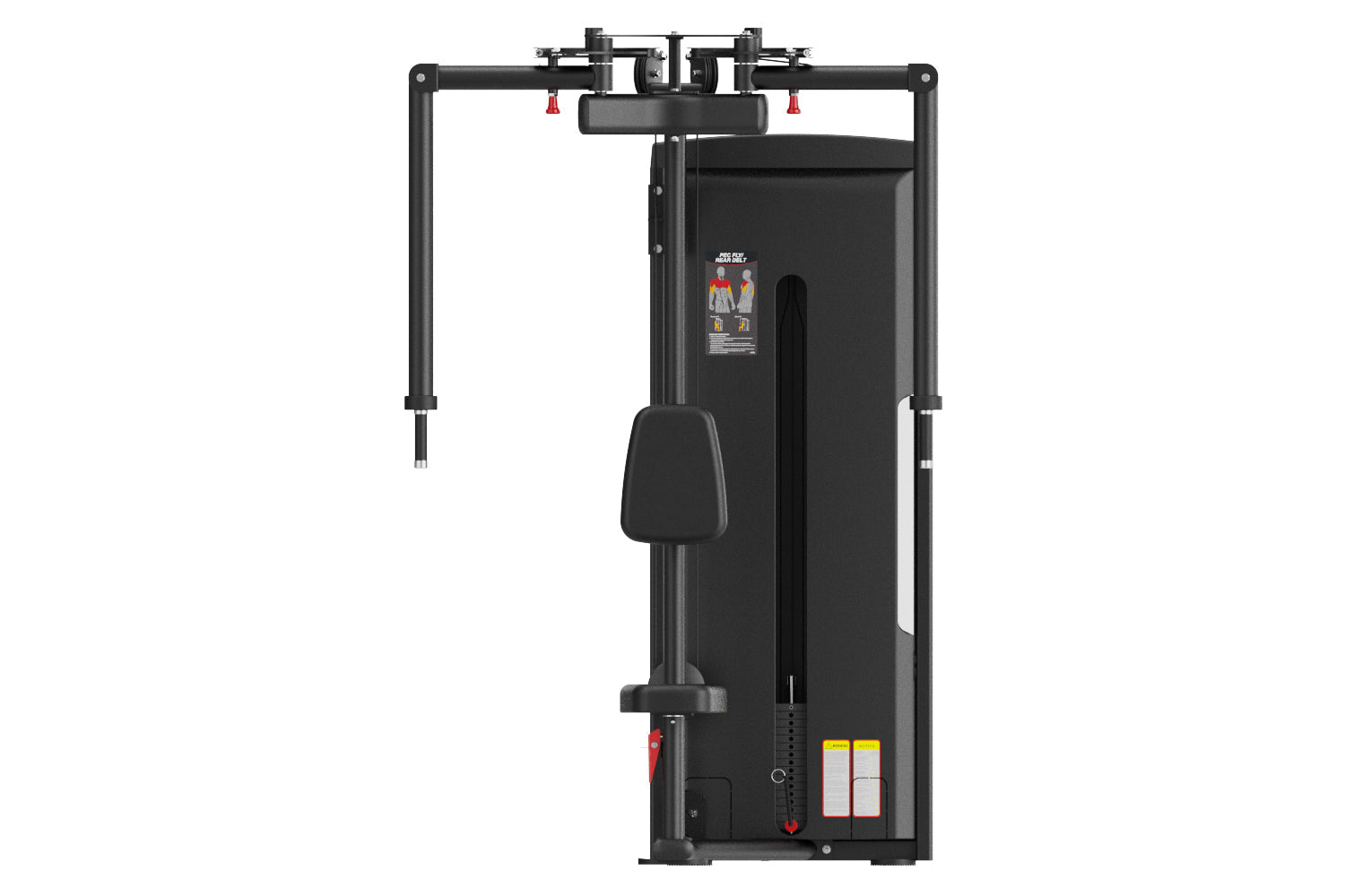 Black commercial pectoral fly and rear deltoid machine with padded seat, dual arm handles, and control panel on white backgro