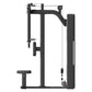 Black commercial pectoral fly and rear deltoid exercise machine with dual weight stacks, handles, and seat on white backgroun