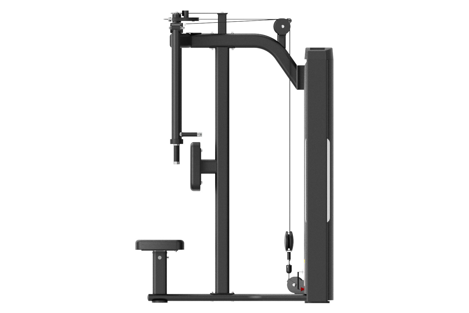 Black commercial pectoral fly and rear deltoid exercise machine with dual weight stacks, handles, and seat on white backgroun