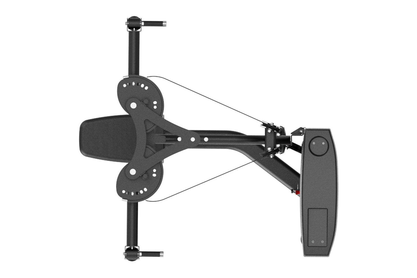 Black commercial pectoral fly and rear deltoid machine with dual padded handles, adjustment lever, and cable system on white 