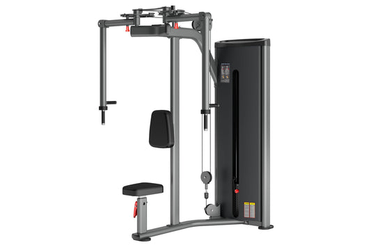 Black and gray commercial pectoral fly and rear deltoid machine with weight stack, dual handles, and cushioned seat on white 