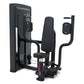 Black commercial pectoral fly exercise machine with padded seat and handles, on white background
