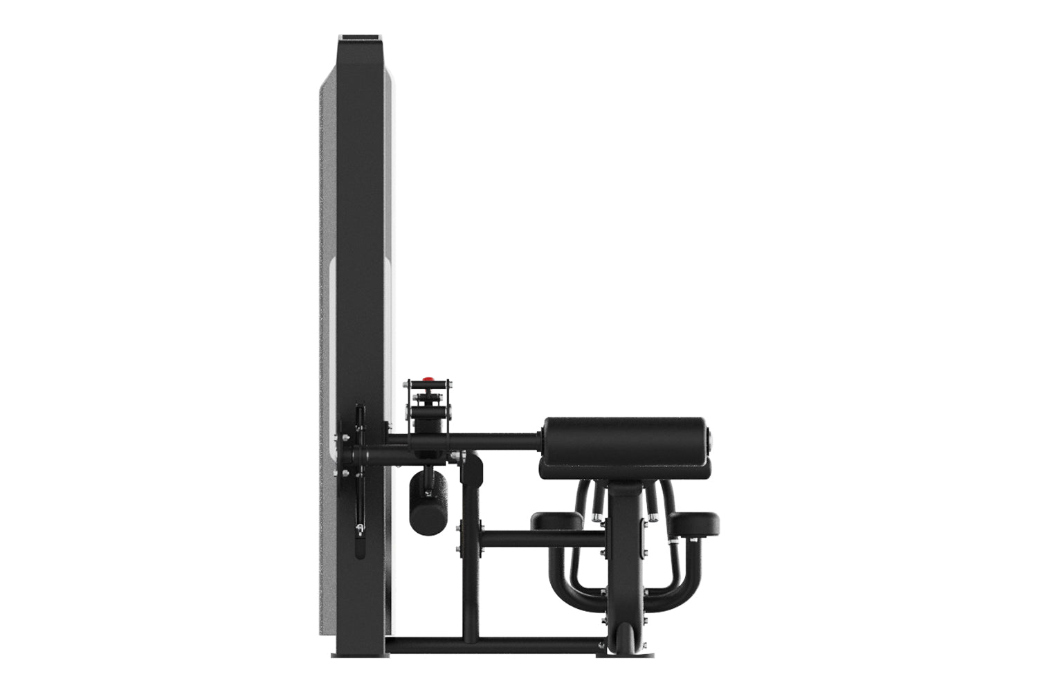 Black and gray commercial prone leg curl machine with padded seat and leg extension attachment, shown on white background