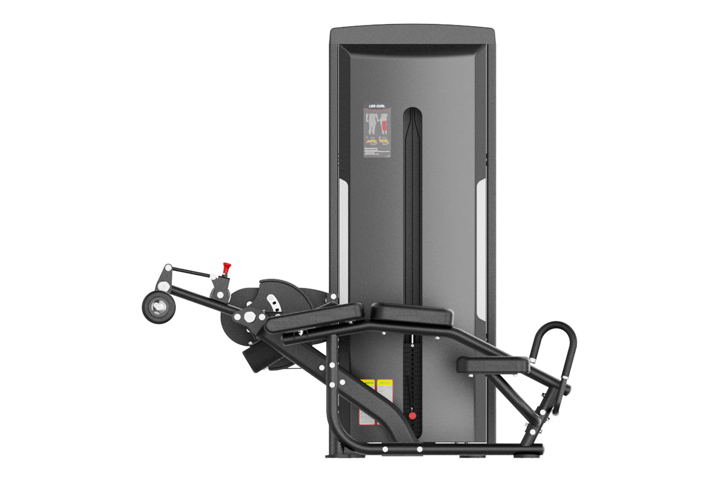 Warrior Pro Commercial Series Prone Leg Curl machine with gray frame and black padded seat, front view on white background