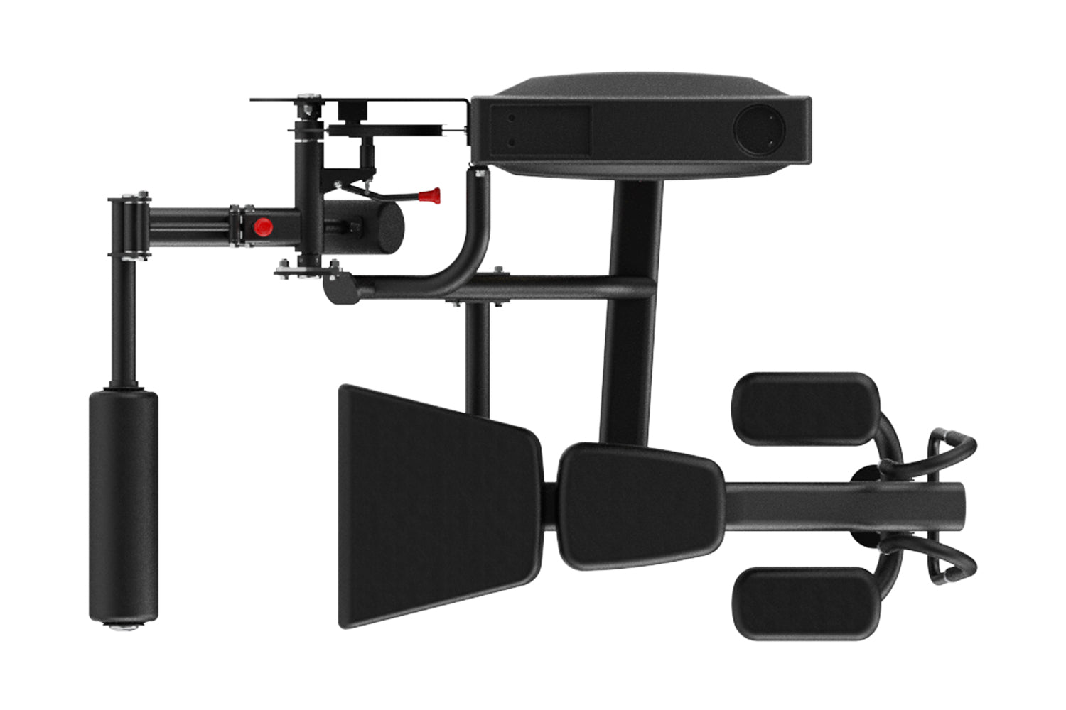 Black commercial leg curl machine with padded foot platform, seat, and backrest on white background