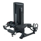 Black commercial leg curl machine with digital display, padded seat, and adjustable leg extension arms on white background