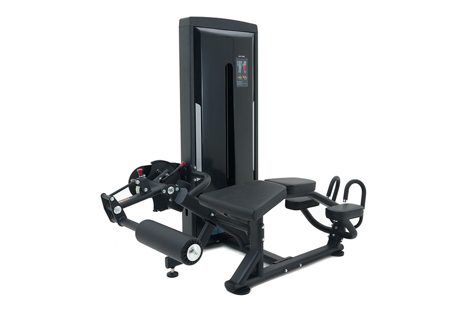 Black commercial leg curl machine with digital display, padded seat, and adjustable leg extension arms on white background