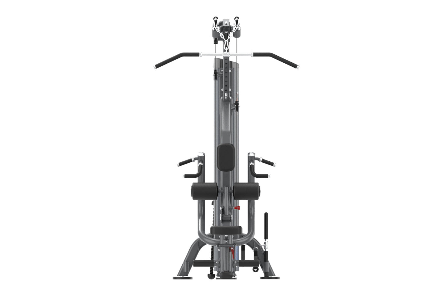 Warrior Pro commercial dual-function pulldown and mid-row machine with black handles and gray metal frame, front view