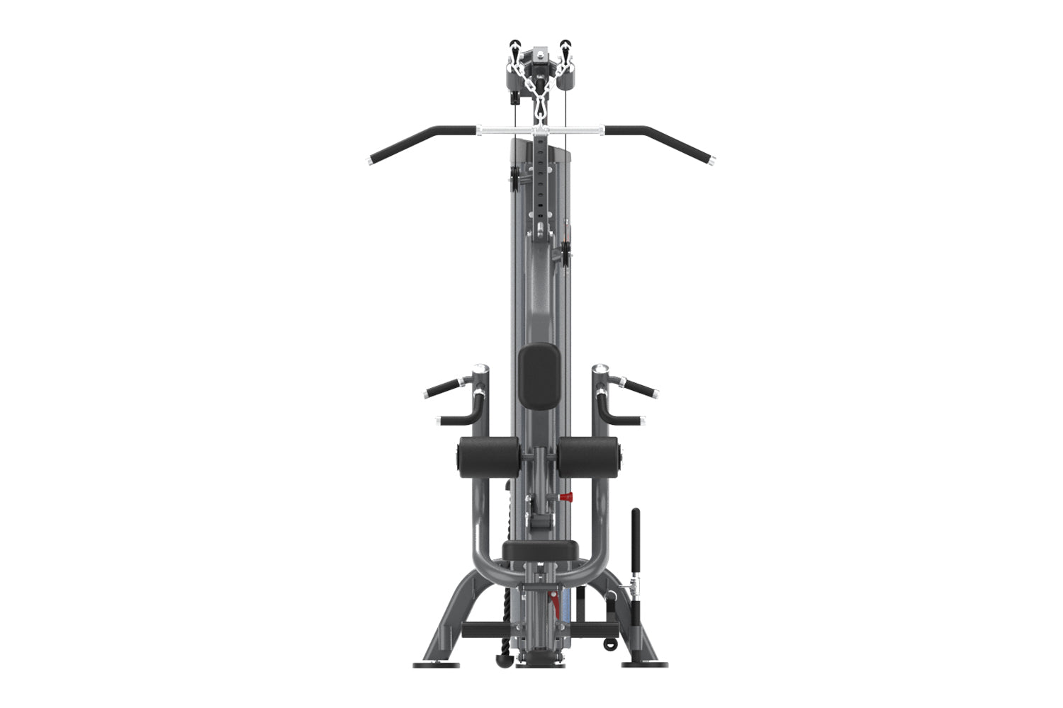 Warrior Pro commercial dual-function pulldown and mid-row machine with black handles and gray metal frame, front view