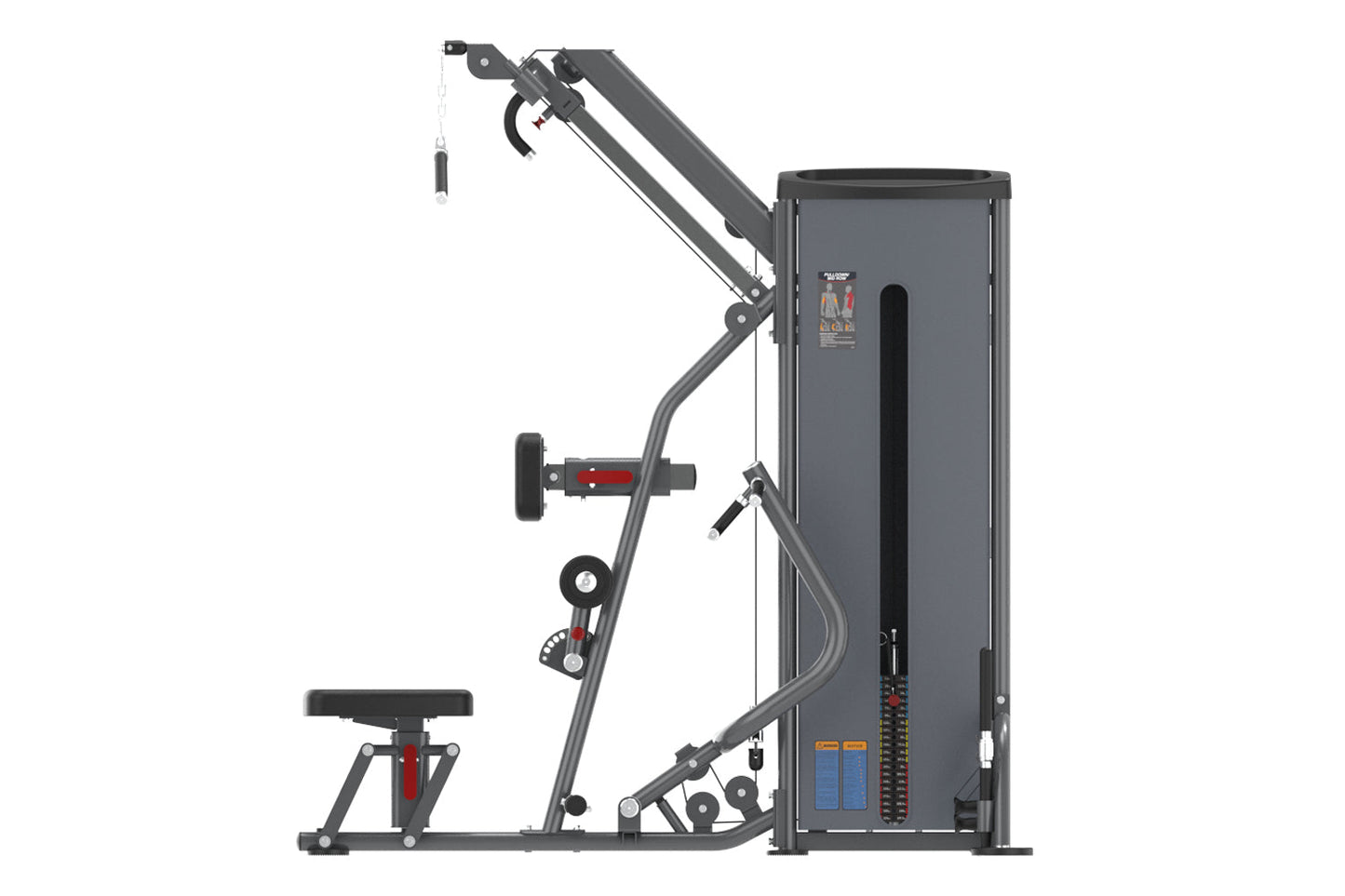 Warrior Pro commercial dual-function pulldown and mid-row machine with gray frame, black seat, red handles, and weight stack 