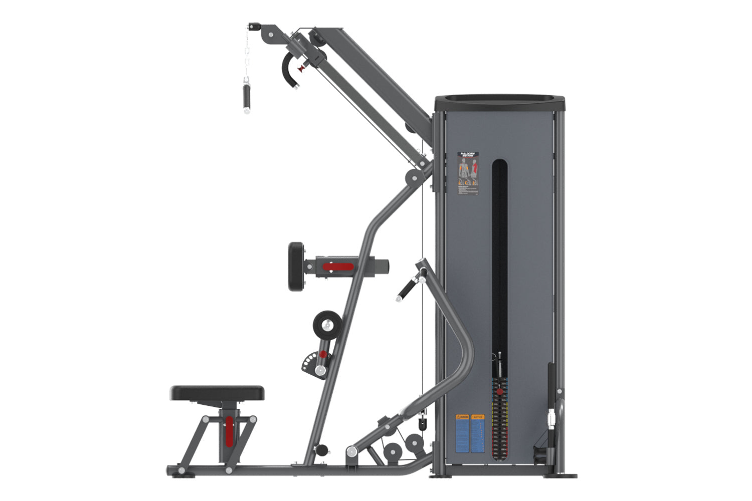 Warrior Pro commercial dual-function pulldown and mid-row machine with gray frame, black seat, red handles, and weight stack 