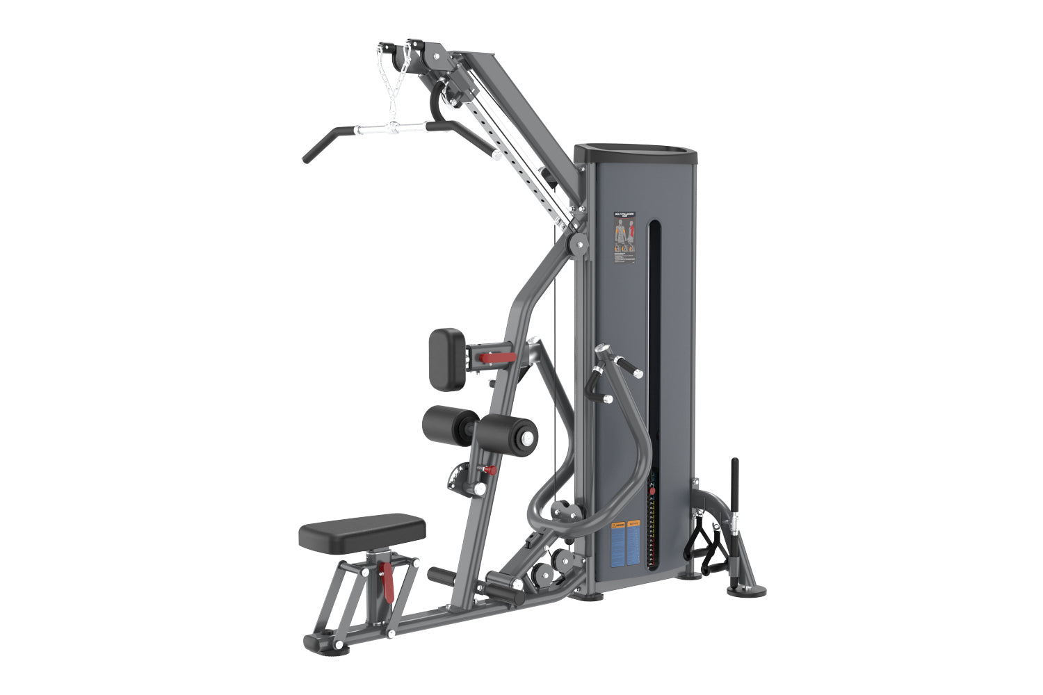 Warrior Pro commercial pulldown and mid row machine with gray frame, black seat, and dual exercise stations on white backgrou