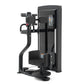 Black commercial rotary torso exercise machine with padded seat, arm handles, and digital display on tall frame, on white bac