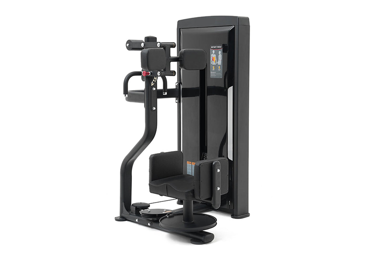 Black commercial rotary torso exercise machine with padded seat, arm handles, and digital display on tall frame, on white bac