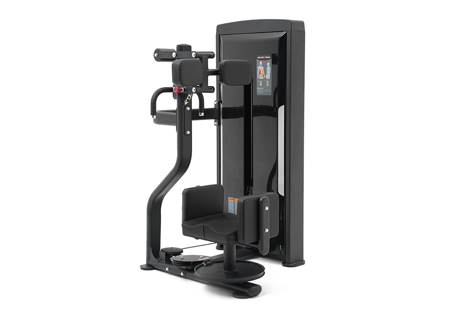 Black commercial rotary torso exercise machine with padded seat, arm handles, and digital display on tall frame, on white bac