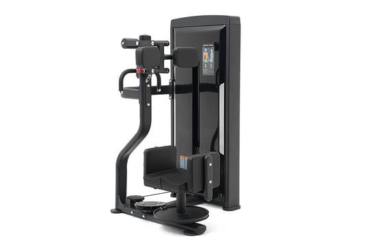 Black commercial rotary torso exercise machine with padded seat, arm handles, and digital display on tall frame, on white bac