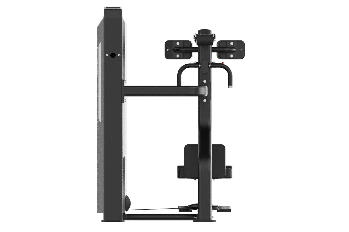 Black and gray commercial rotary torso machine with foot platform and adjustable arm handles, front view on white background